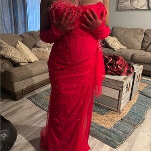 Elegant Red Beaded Evening Gown with a Slit